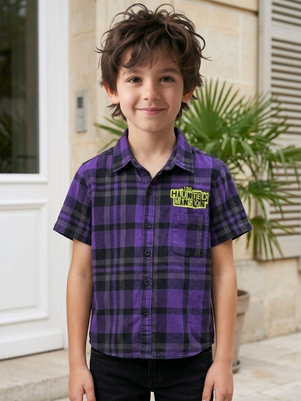 Disney Purple and Black Plaid Short-Sleeve Button-Down Shirt